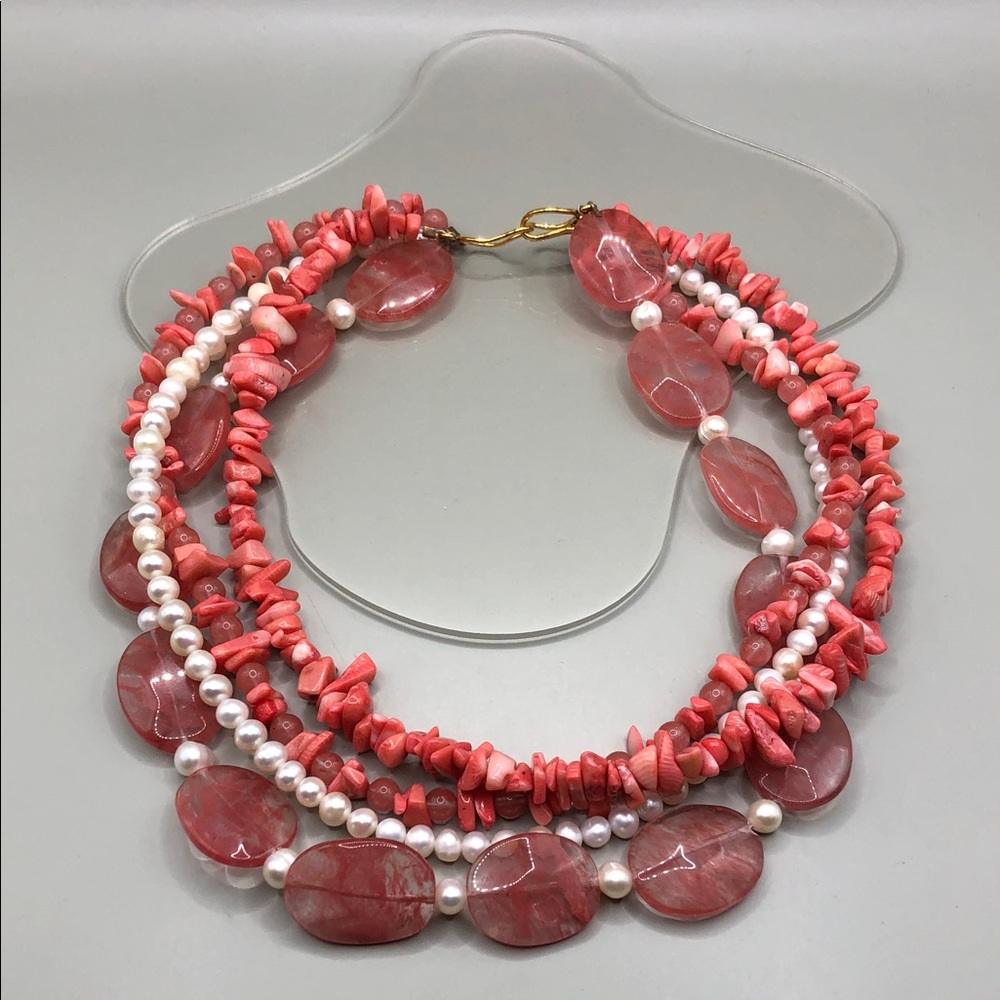 Artisan freshwater pearls pink coral shells pink gemstones statement necklace.